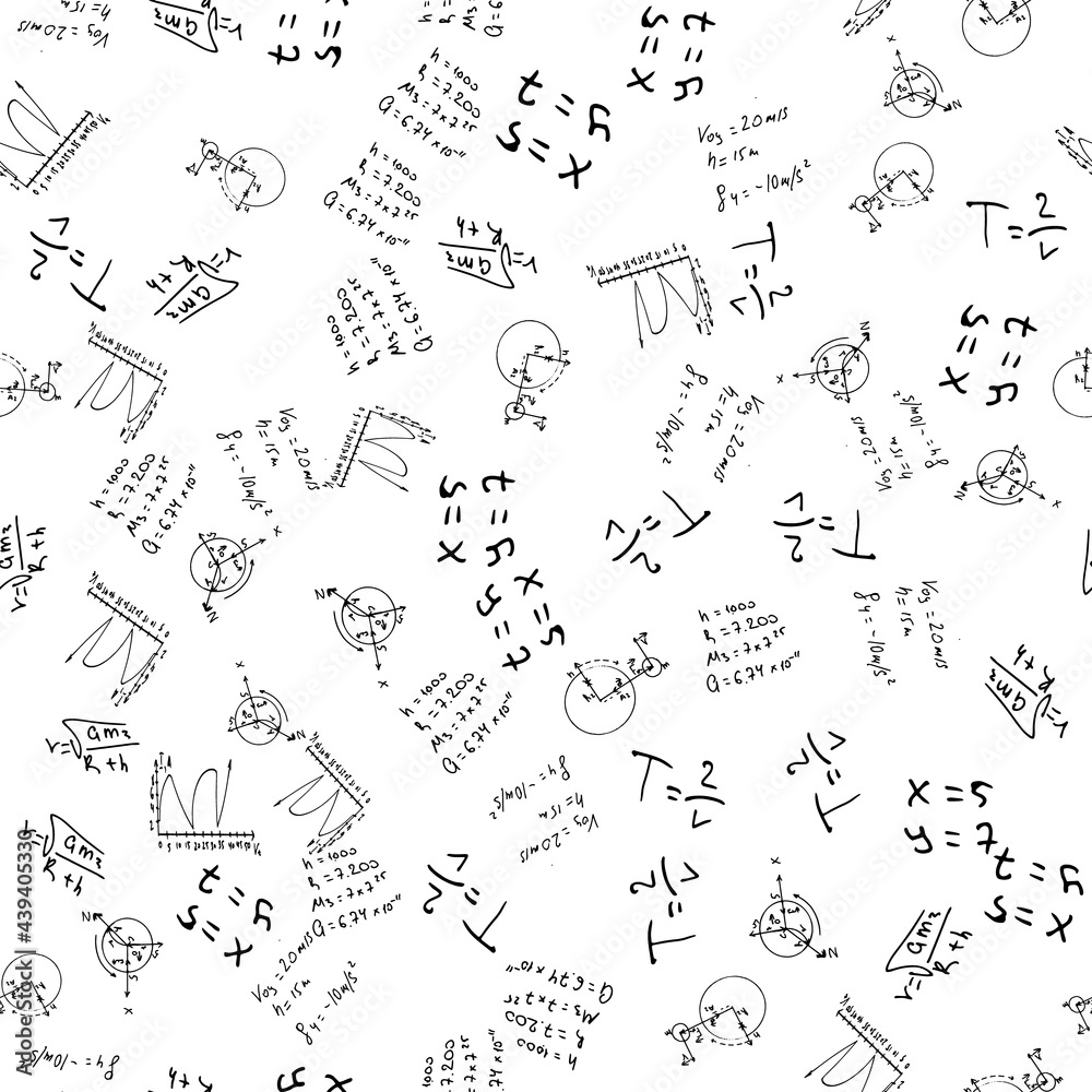 Flat monochrome vector seamless mathematical motif pattern. Cute doodle with algebraic expressions and symbols. Vector illustration , element for design. On a white background. Science. Knowledge.