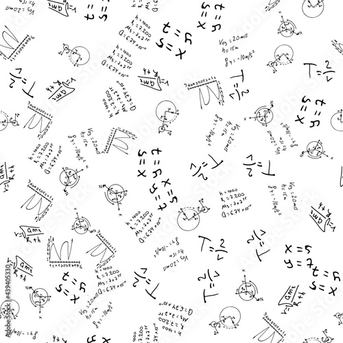 Flat monochrome vector seamless mathematical motif pattern. Cute doodle with algebraic expressions and symbols. Vector illustration , element for design. On a white background. Science. Knowledge.