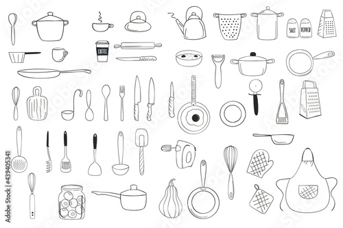 Kitchenware outline doodle line art clipart. Vector illustration.