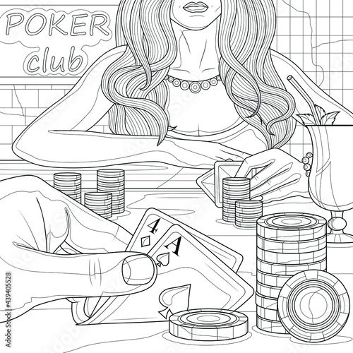 Poker.A girl playing poker.Coloring book antistress for children and adults. Illustration isolated on white background.Zen-tangle style. Hand draw
