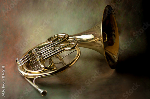 french horn an ancient musical metal instrument popular classical brass music instrument beloved children adults amateurs professionals photo