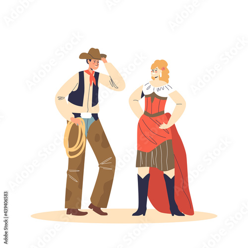 Retro couple cowboy and cabaret dancer woman dressed in traditional country wild west clothes