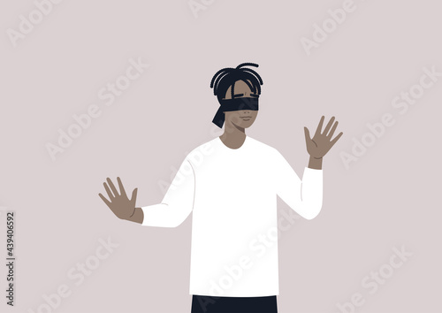 A young male Black character with blindfolded eyes trying to find the way out