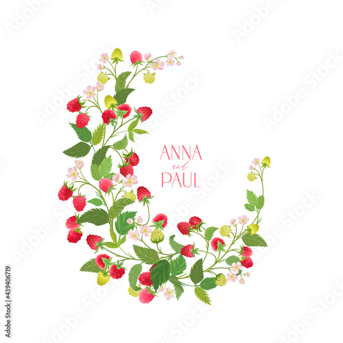 Boho raspberry floral wedding vector frame. Watercolor berries, flowers, leaves border template