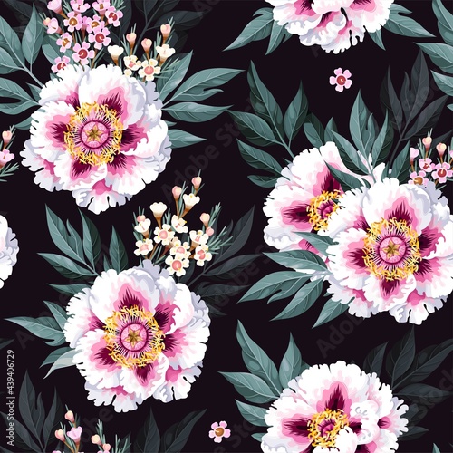 Vector seamless pattern with white tree peony