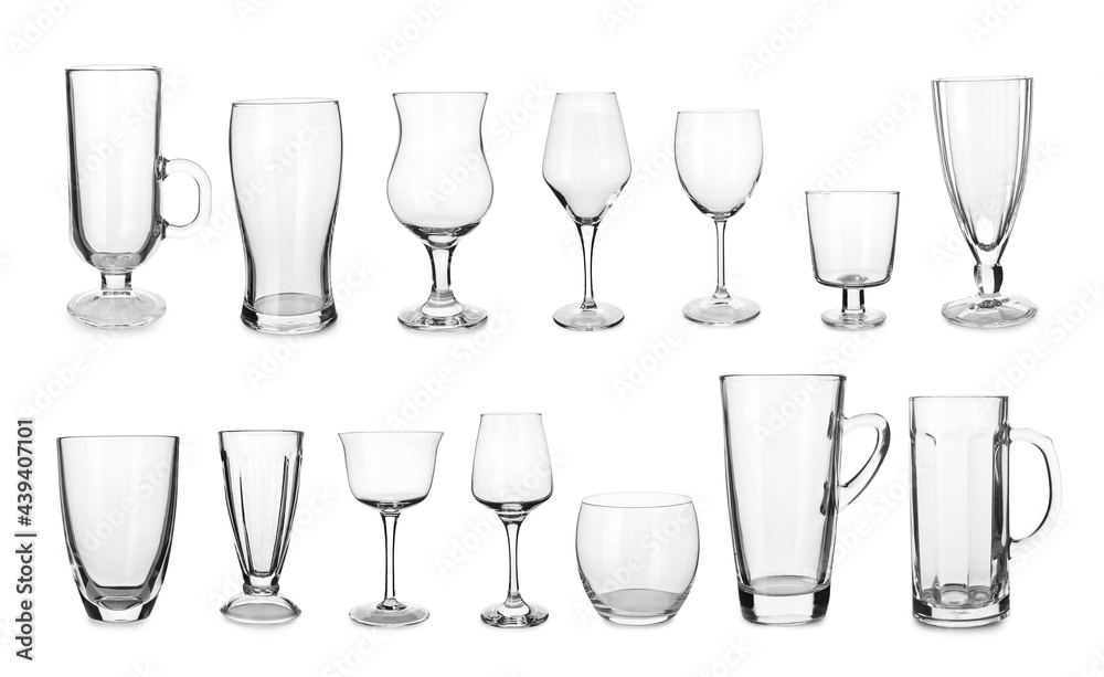 Collage of different empty glasses on white background Collage of different empty glasses on white background