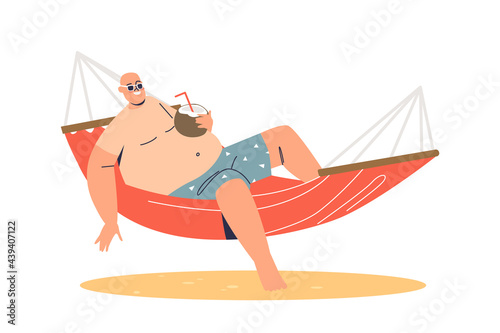 Man relaxing in hammock with coconut. Male cartoon resting on tropical beach coast resort sunbathing