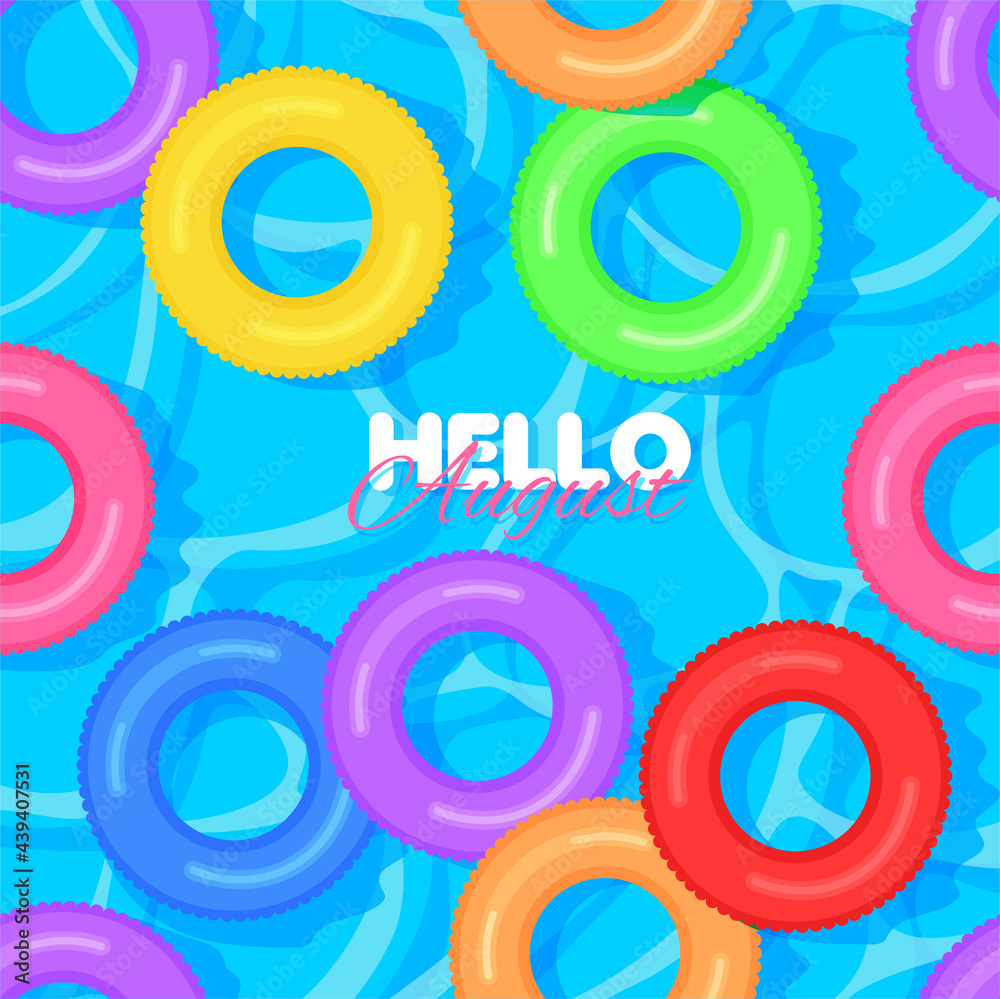 Obraz premium Different colors lifebuoys on water ripple surface pattern. Summer banner concept. Pool party. Blue background. Vector illustration.