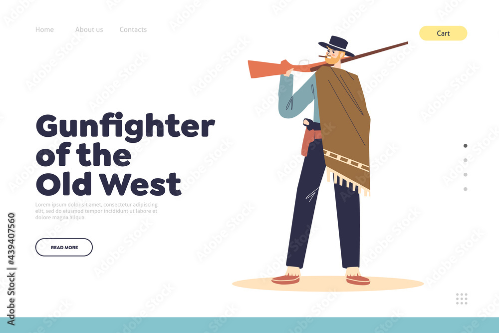 Gunfighter of old west landing page with cowboy man holding gun. Wild west male cartoon character