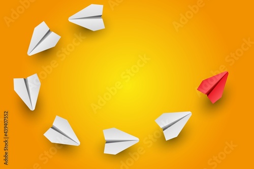 Individual red leader paper plane lead other