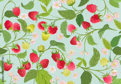 Watercolor raspberry seamless pattern. Summer berries, fruits, leaves, flowers background