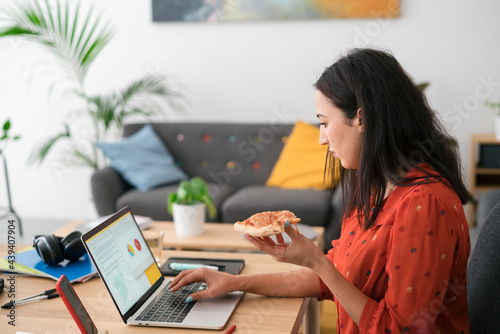 Serious young Arab woman working distantly on laptop and eating pizza at home photo