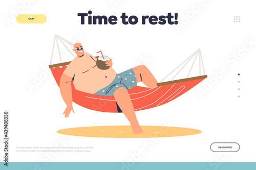 Time to rest concept of landing page with man relaxing in hammock with coconut