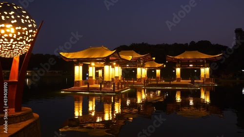 night time illumination foshan city famous riverside park bay gazebo panorama 4k china photo