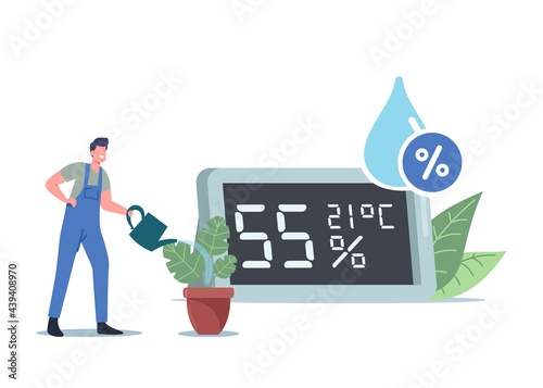 Air Humidity Concept. Tiny Character Watering Plants near Huge Hygrometer Show Atmosphere and Climate or Microclimat