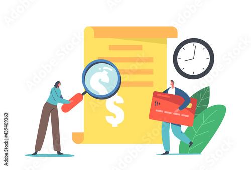 Tiny Characters at Huge Transaction History Payment Recipe. Man Buyer Holding Credit Card for Online Payment, Shopping