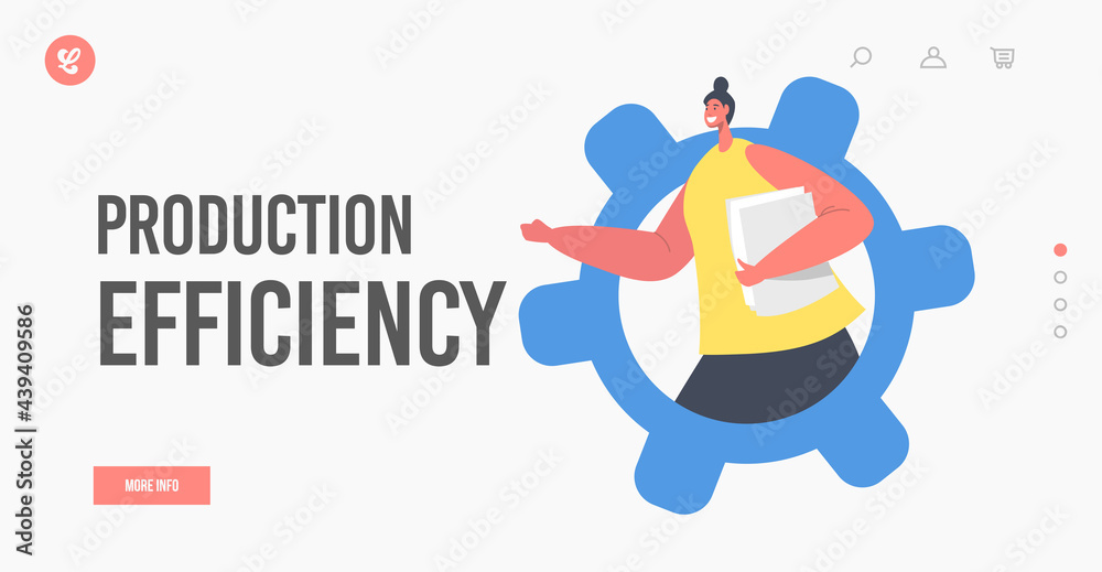 Production Efficiency Landing Page Template. Businesswoman Manager in Huge Cogwheel Mechanism with Documents in Hands Production Efficiency Landing Page Template. Businesswoman Manager in Huge Cogwheel Mechanism with Documents in Hands