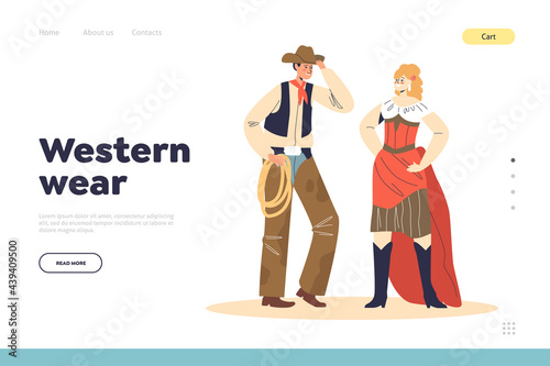 Western wear landing page with retro couple cowboy and cabaret dancer woman in country clothes