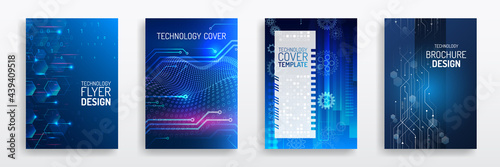 Blue layout futuristic brochures, flyers, placards. Contemporary science and digital technology concept. Vector template for brochure or cover with hi-tech elements background.