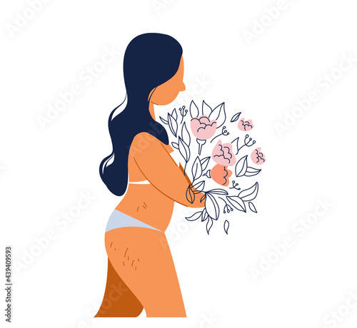 An overweight woman with cellulite on her legs and stomach stands in profile and holds a bouquet of flowers. The problem of obesity and stretch marks after childbirth. Vector flat character