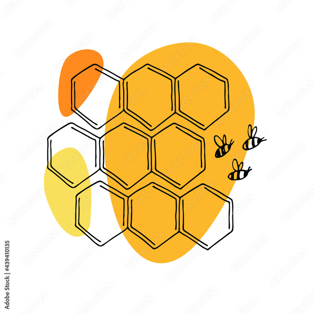 Vector Bees With Honeycomb Linear Hand Drawn Illustration With Bright Orange Spots Is Perfect 1481