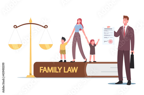 Family Law, Divorce, Child Custody or Alimony Concept. Tiny Mother Character with Kids and Attorney at Huge Scales