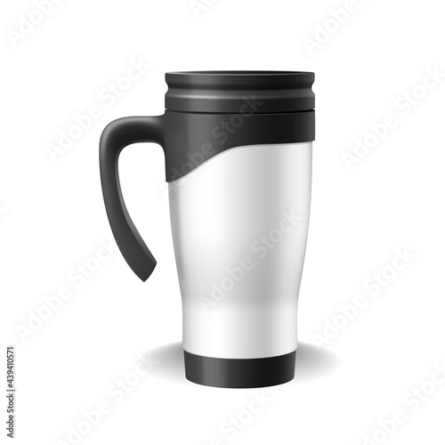 White thermo cup realistic mockup for company identity. 3d travel mug and thermos for hot drinks