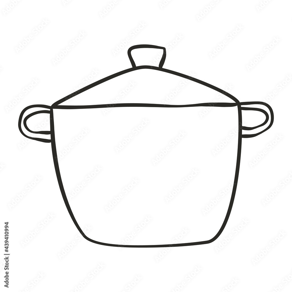 Doodle illustration with black pot pan doodle outline. Vector hand drawing illustration. Doodle illustration with black pot pan doodle outline. Vector hand drawing illustration.