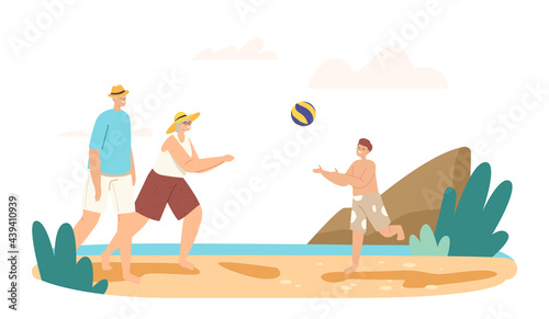 Family Vacation. Grandparents and Grandson Playing Beach Volleyball on Sea Shore. Happy Characters Summer Recreation