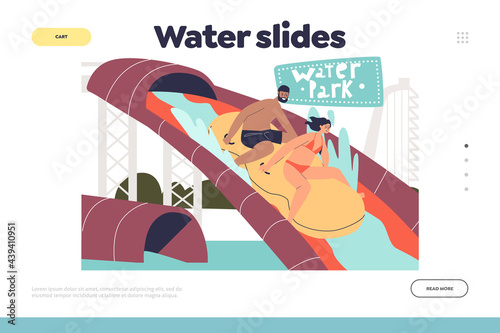 Water slides concept of landing page with young couple have fun in water park sliding waterslides