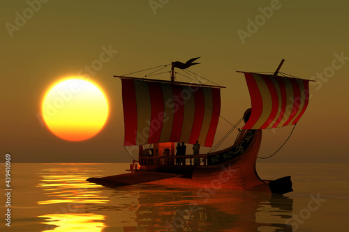 Roman Ship - An ancient Roman merchant galley warship transport a Roman senator and cargo in the Mediterranean Sea at sunset.
