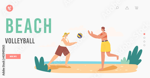 Grandmother and Granddaughter Playing Beach Volleyball Landing Page Template. Happy Family Summer Vacation Leisure