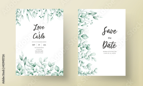 Wedding invitation card with beautiful hand drawn watercolor leaves
