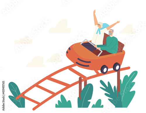 Senior Couple Characters Riding Roller Coaster in Amusement Park. Aged Woman Cheer with Raised Hands, Family Leisure