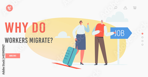 Work Migration, Drain Brain Landing Page Template. Businesswoman Character Research Job Opportunity in Foreign Country