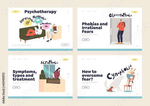 Human phobias and fears treatment concept of landing pages set with people suffering from disorder photo