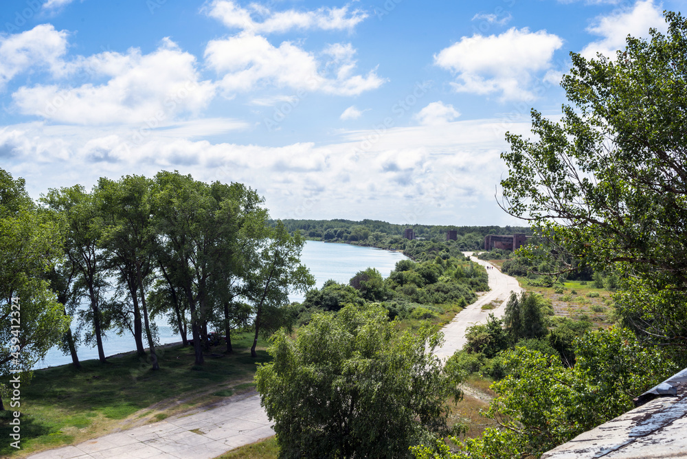 landscape top view of the coastline of the reservoir and trees on n Pillau Baltiysk Kaliningrad region