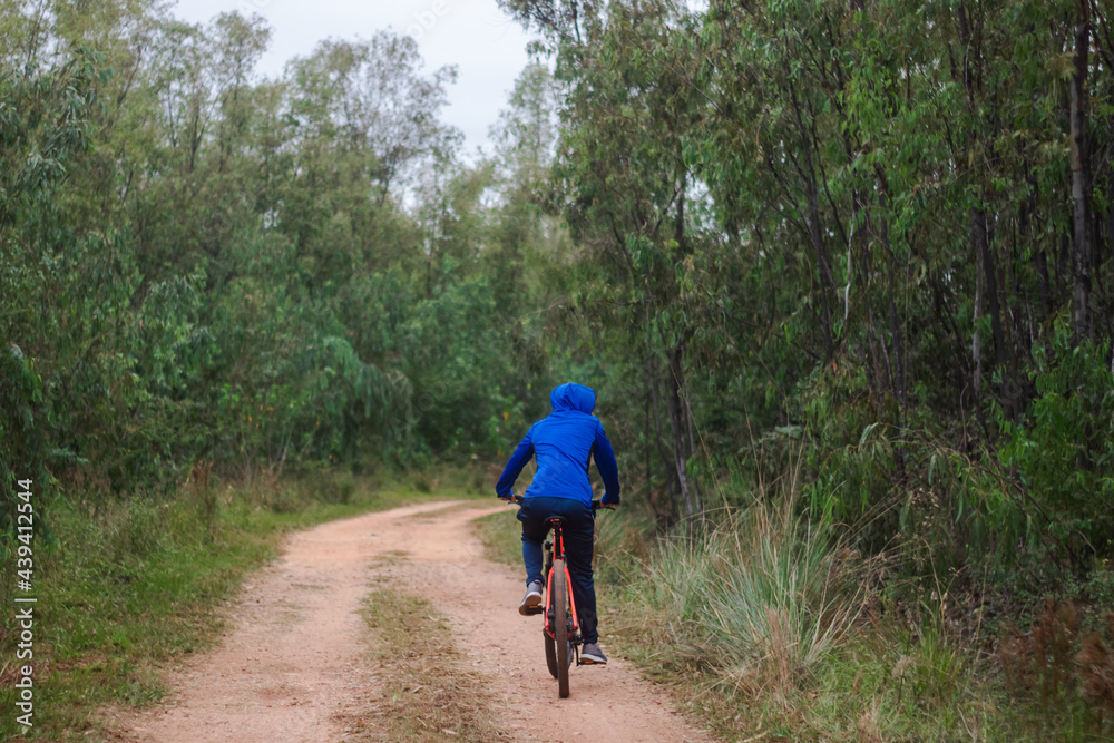 Obraz premium Young man riding a bike on a forest road, active lifestyle.