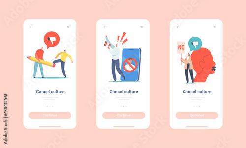 Cancel Culture Ban Mobile App Page Onboard Screen Template. Characters Erasing Person with Pencil Eraser Concept