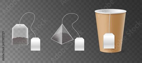 Rectangle and pyramid tea bag and disposable paper cup mock up with black tea inside