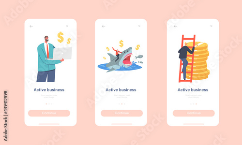 Active Business Mobile App Page Onboard Screen Template Set. Tiny Businessman Character Riding Dangerous Shark