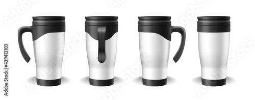 White travel mugs, thermoses for car or office and hot drinks package blank templates for branding