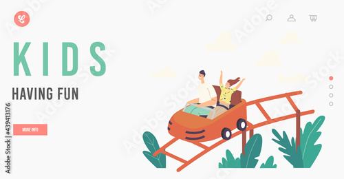 Kids Having Fun Landing Page Template. Characters Riding Roller Coaster in Amusement Park, Fun Fair Carnival Leisure