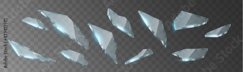 High detailed realistic broken glass pieces on transparent black background. Cracked shards