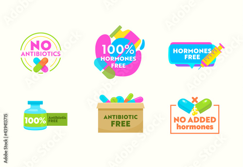 Set of Icons No Antibiotics, Hormones Free Medicine Emblem, Health Care Labels with Pills, Tablets, Syringe and Capsules