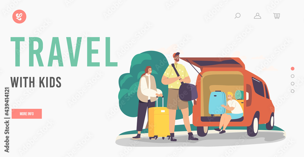 Travel with Kids Landing Page Template. Parents and Son Happy Family Loading Bags in Car Trunk. Mother, Father and Child