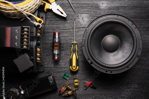 Bilde på lerret Car stereo audio components flat lay background