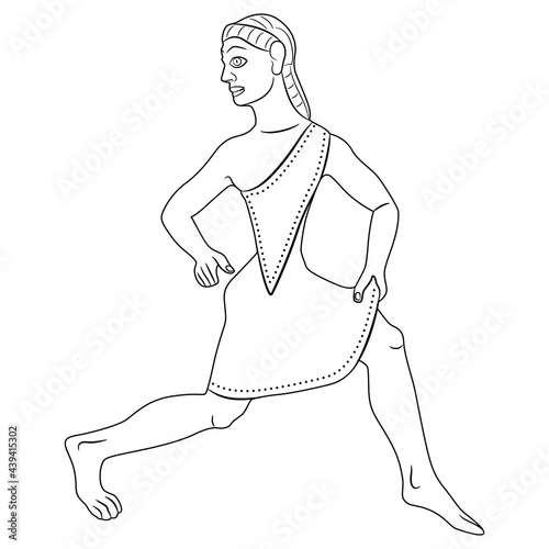 Running ancient Greek girl. Spartan lady in short chiton. Sportive Amazon woman in active pose. Black and white linear silhouette.