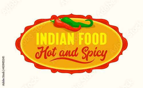Indian Restaurant Icon, Emblem with Red and Green Jalapeno Hot Chili Peppers Isolated on White Background. Food of India