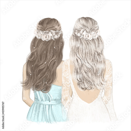 Bride and Bridesmaid in Boho styled wedding. Hand drawn Illustration